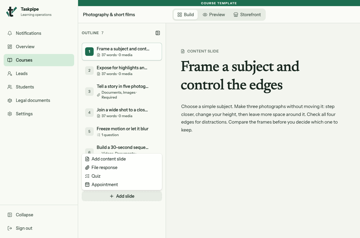 Add slide menu with content, File response, Quiz and Appointment choices