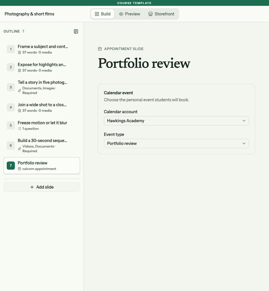 Appointment editor showing the Hawkings Academy calendar account and Portfolio review event