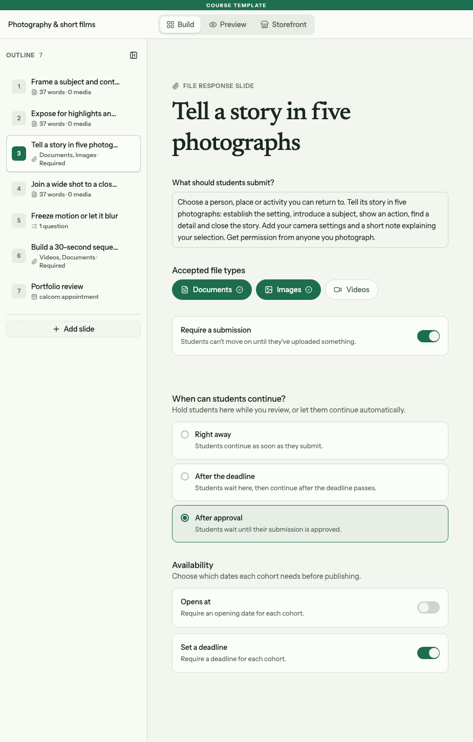 Photo assignment editor with Documents and Images selected, Require a submission enabled and After approval selected