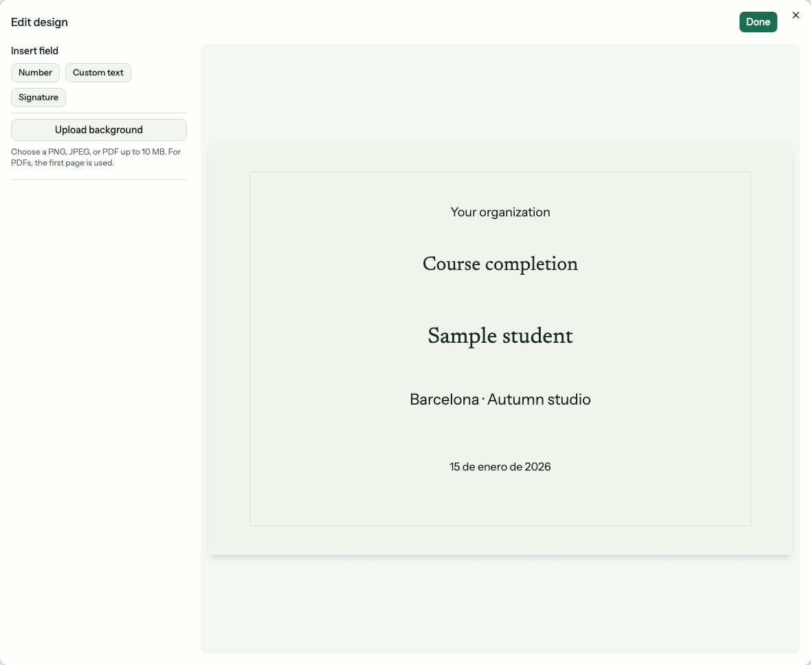 Certificate design editor with student name, course title and completion date fields