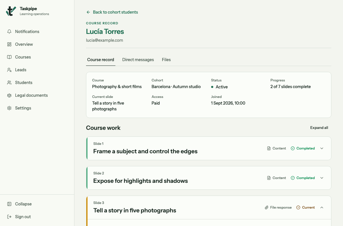Lucía’s Course record with course work and Direct messages tab