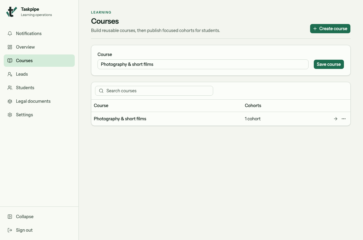 Courses page with Create course, the course name field and Save course