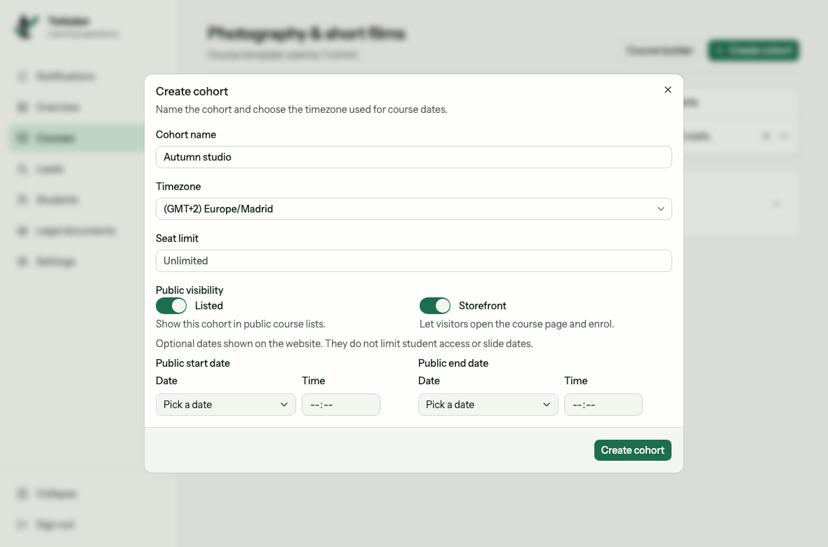 Create cohort form with name, time zone, seat limit and public visibility