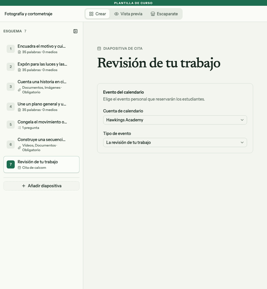 Editor de citas con la cuenta Hawkings Academy y el evento de revisión de portafolio