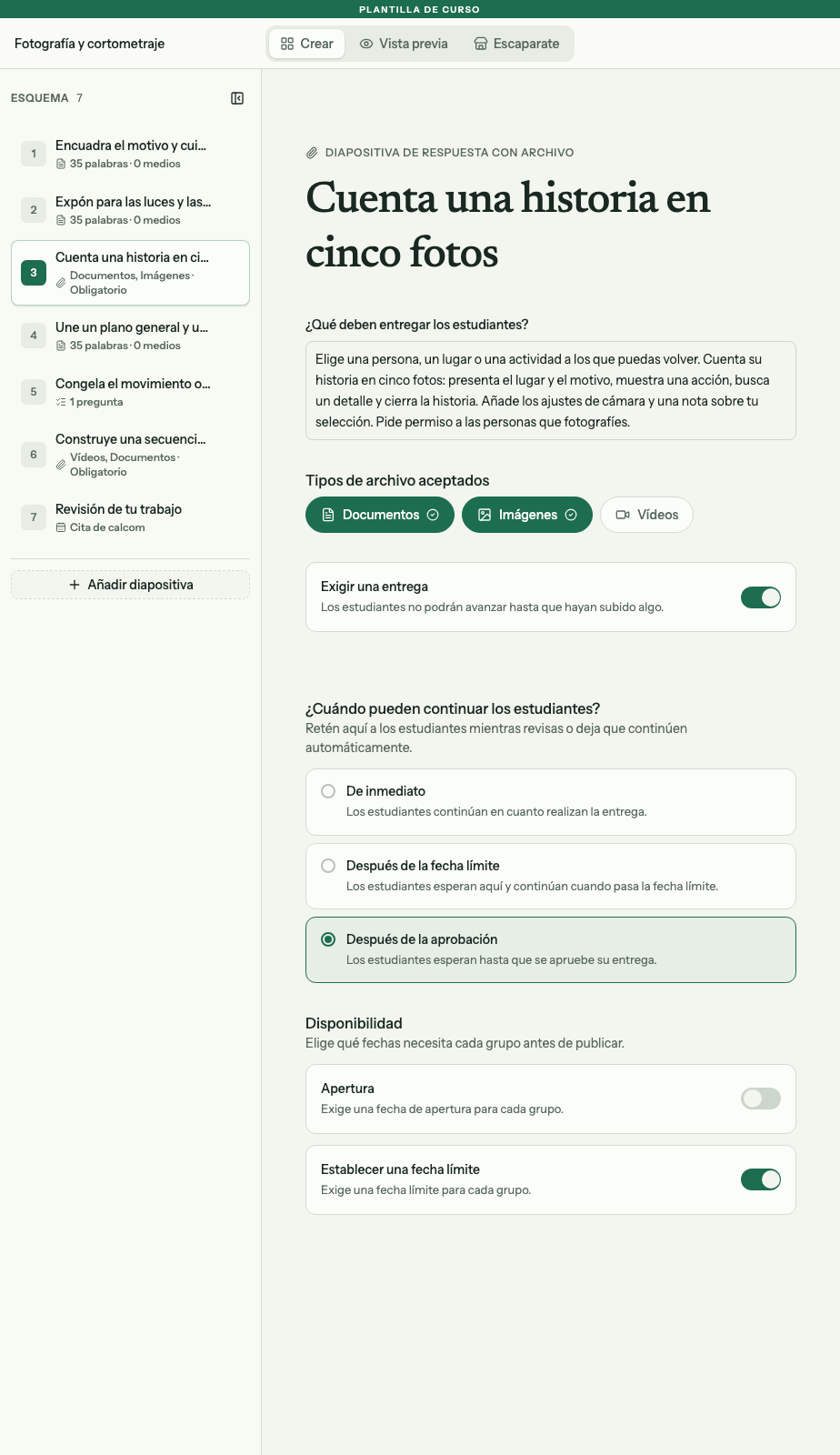 Editor de la tarea con Documentos e Imágenes seleccionados, entrega obligatoria y aprobación