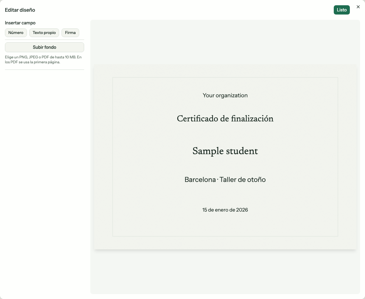 Editor del certificado con los campos de nombre del alumno, título del curso y fecha de finalización