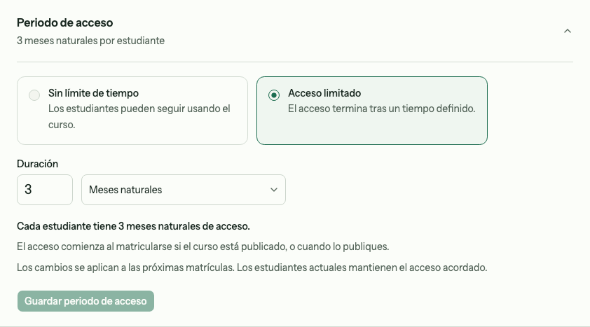 Ajustes de acceso de un curso evergreen con un límite de tres meses naturales por alumno