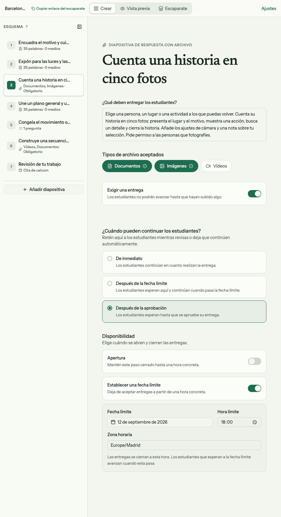 Editor del grupo con fecha y hora límite de una tarea