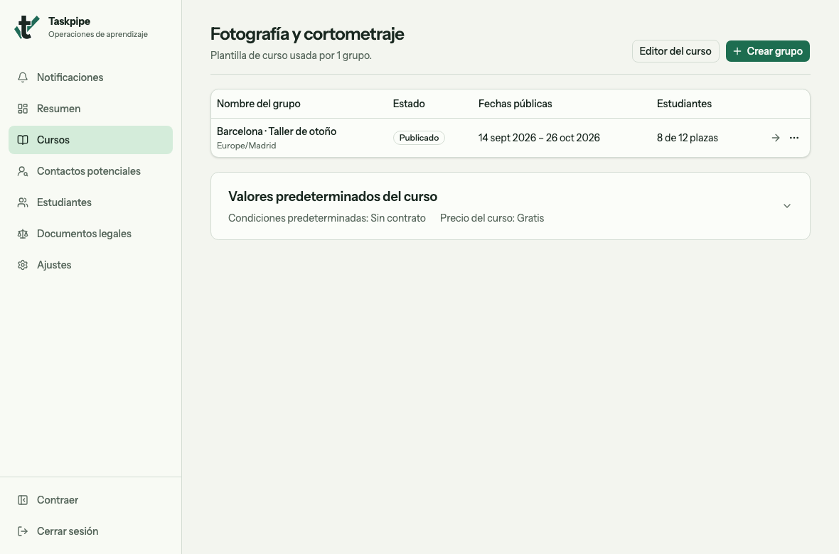 Lista de grupos con los botones Crear grupo y Editor del curso