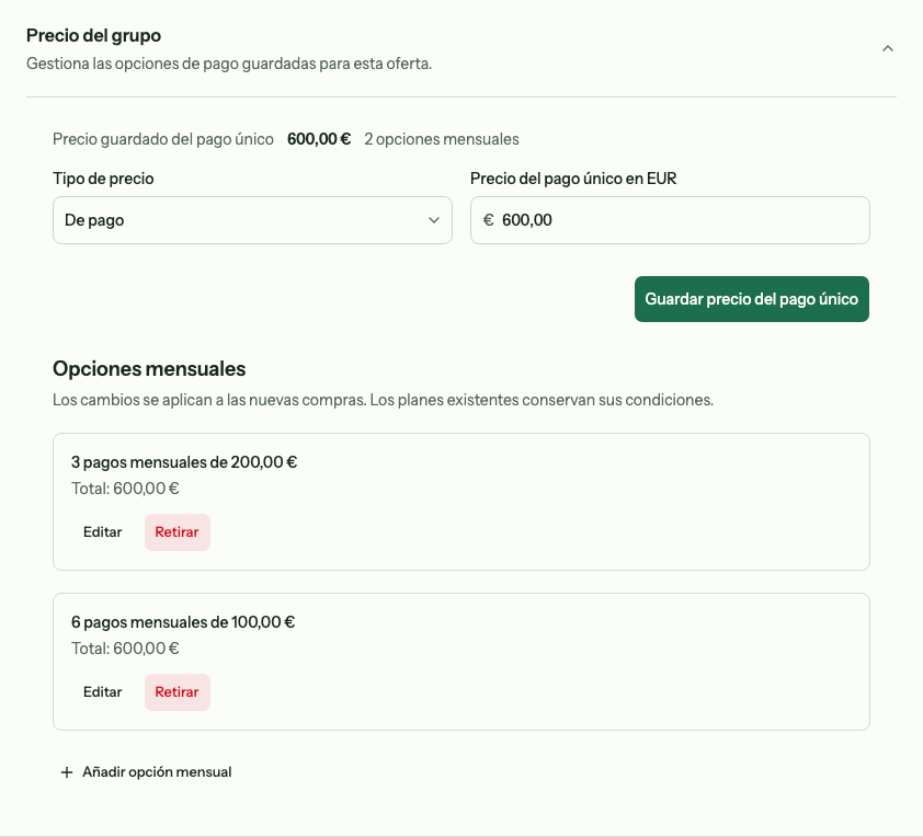 Precio del curso con un pago completo de 600 euros, tres pagos mensuales de 200 euros y seis de 100 euros