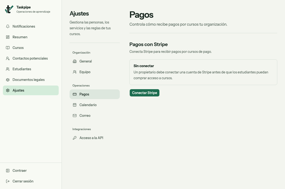 Página Pagos de Ajustes con el botón Conectar Stripe