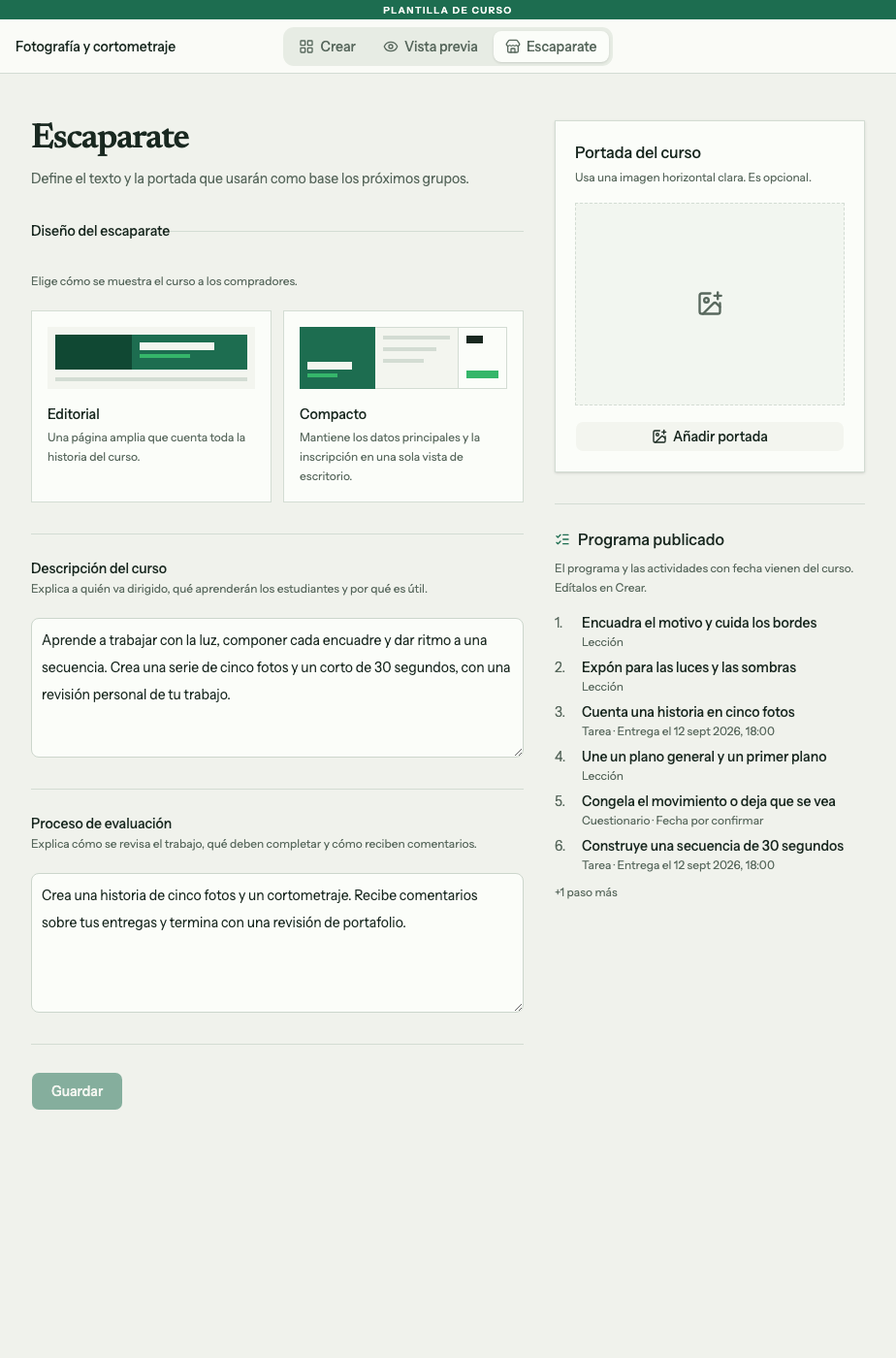 Editor del Escaparate con Descripción del curso, Proceso de evaluación y el control para añadir portada