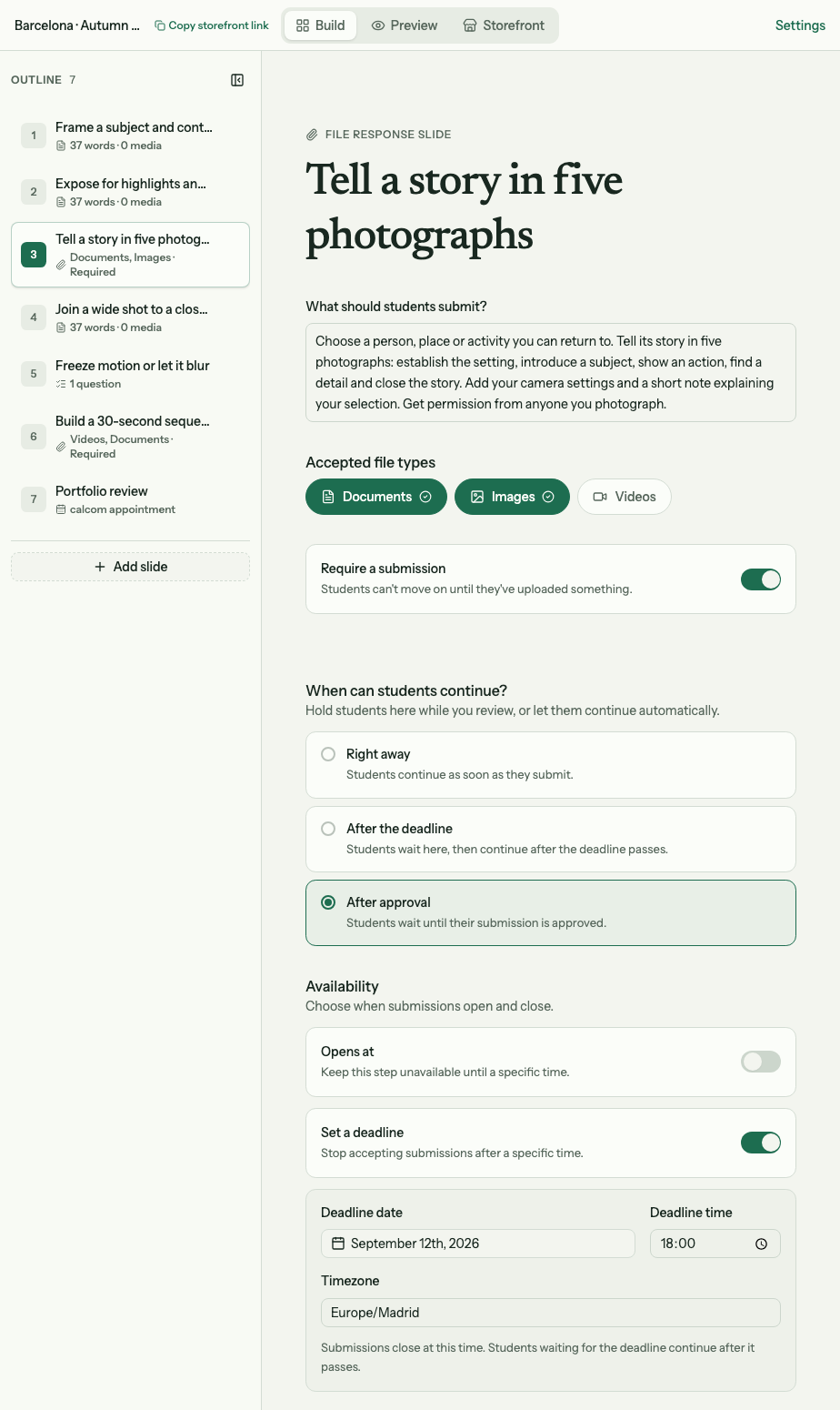 Group assignment editor with Deadline date, Deadline time and Timezone fields