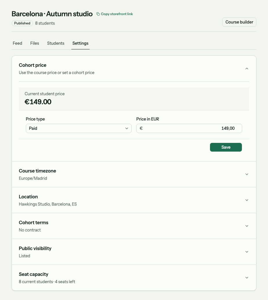 Cohort price settings with Paid selected and a price of 149 euros