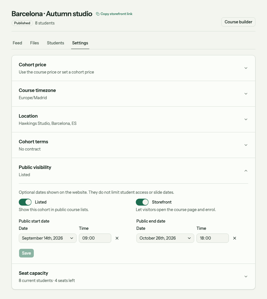 Public visibility settings showing Listed and Storefront enabled, with public start and end date fields