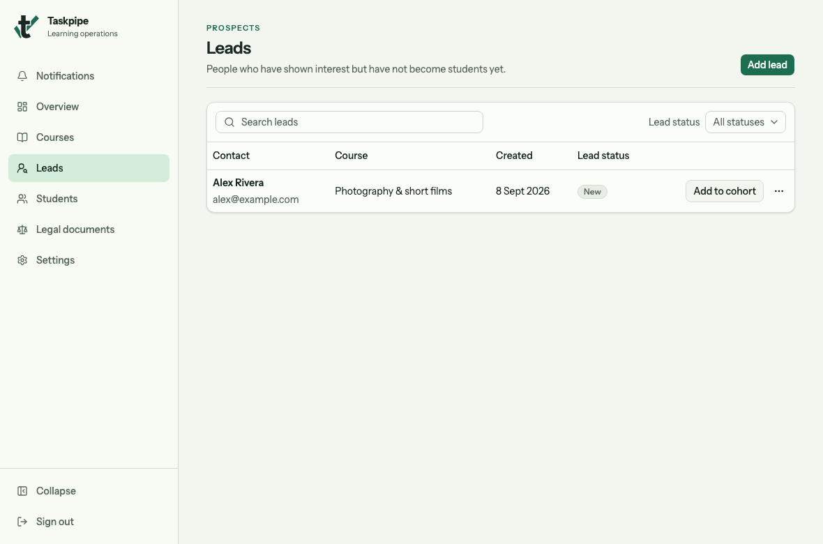 Leads page showing Alex Rivera’s enquiry for Photography and short films