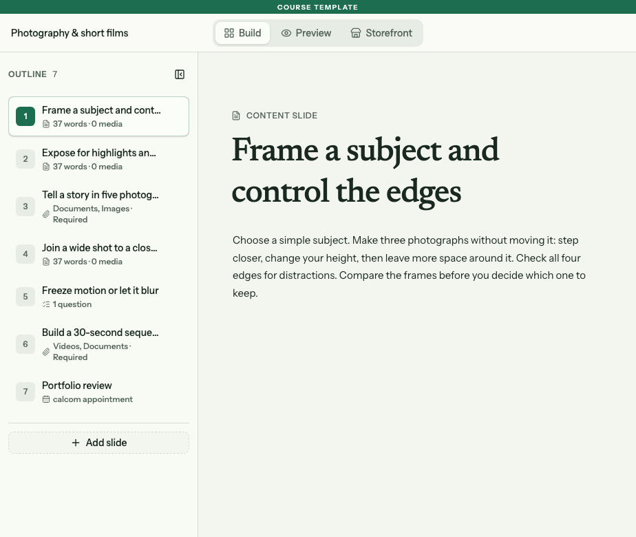 Build tab with the first photography lesson selected, its Slide title field and lesson text