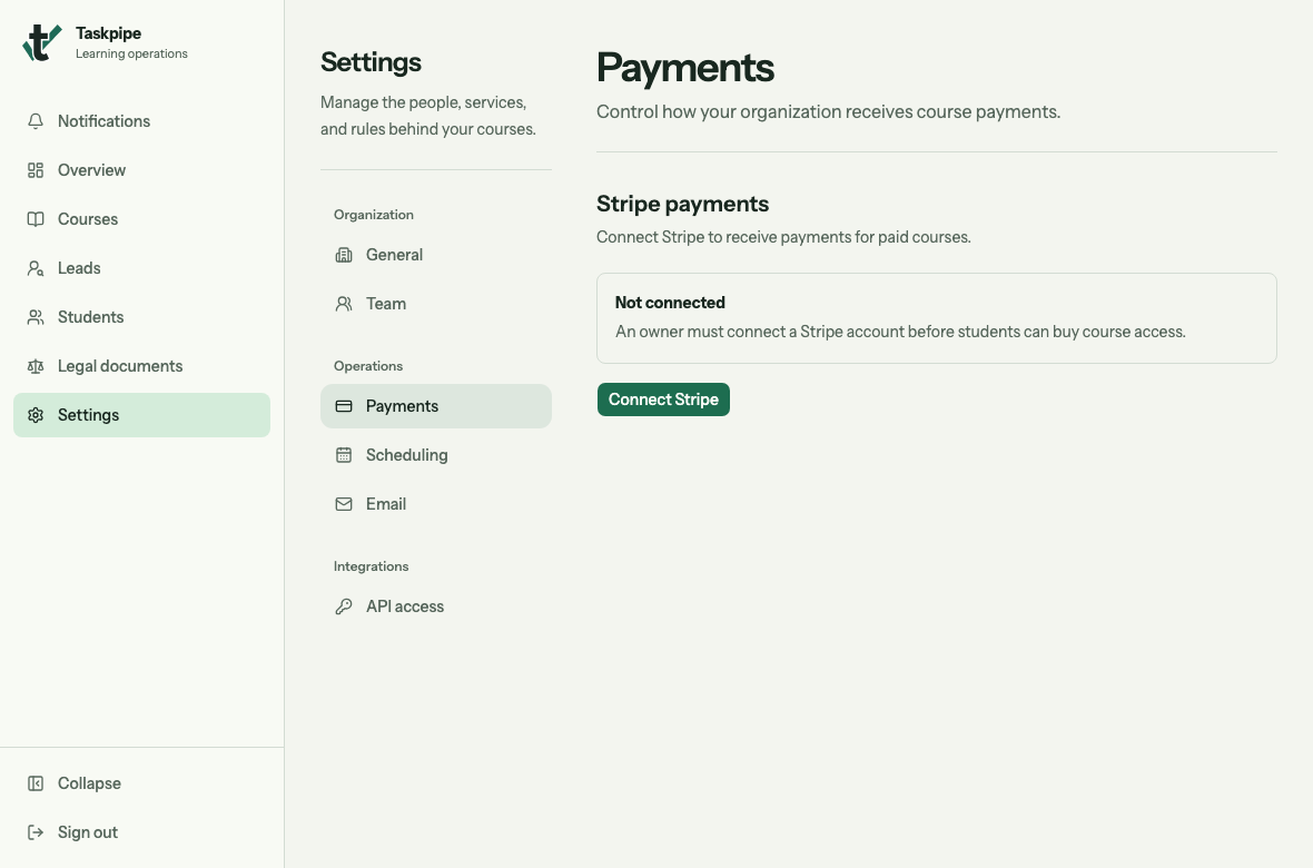 Settings Payments page showing Connect Stripe