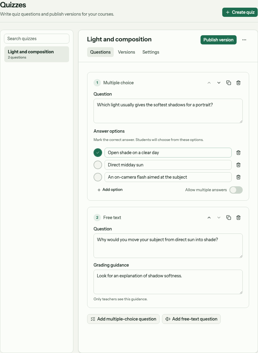 Quiz library with a multiple-choice question about soft light and a written question with grading guidance