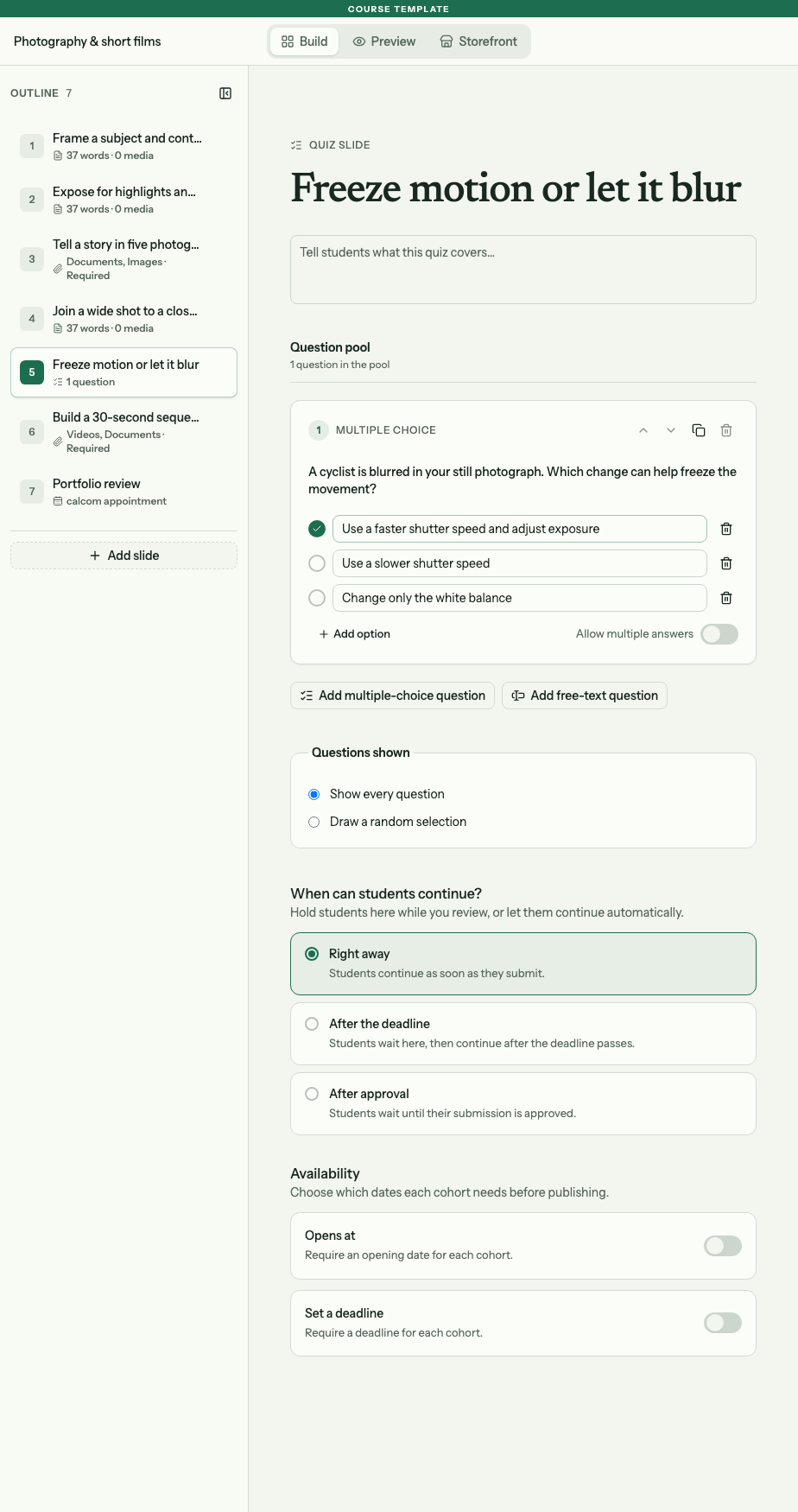Quiz editor showing a multiple-choice question, Add free-text question and Questions shown options