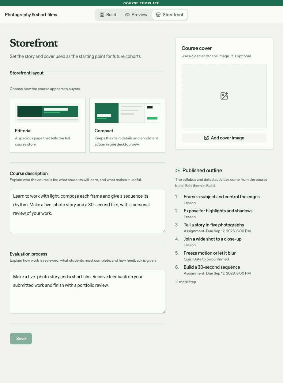 Storefront editor with Course description, Evaluation process and Add cover image