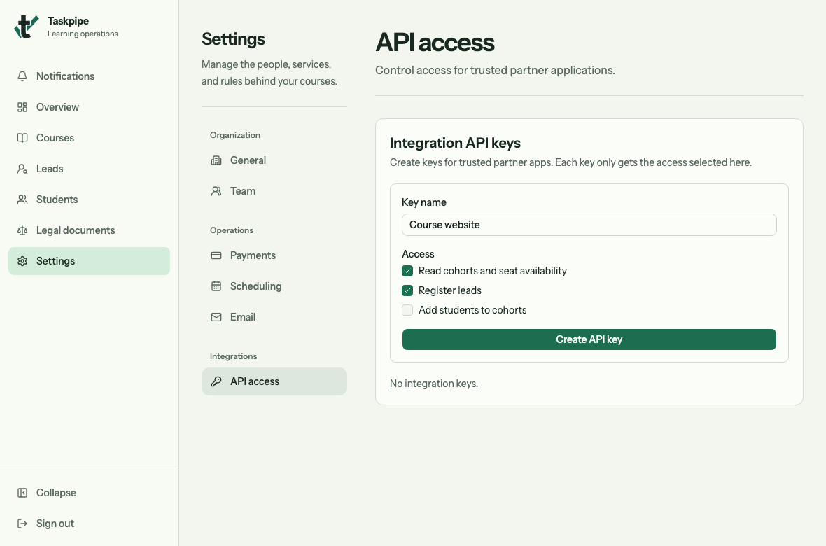 API access settings with Course website as the key name, Read cohorts and seat availability and Register leads selected, and Add students to cohorts unselected