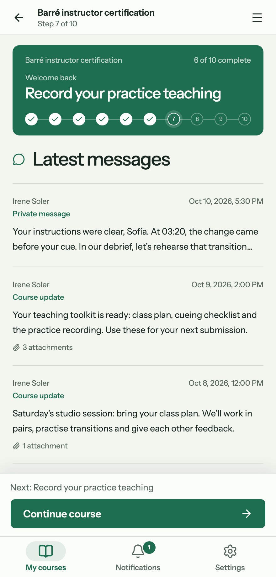 Sofía’s course overview with her schedule, course updates and next steps.