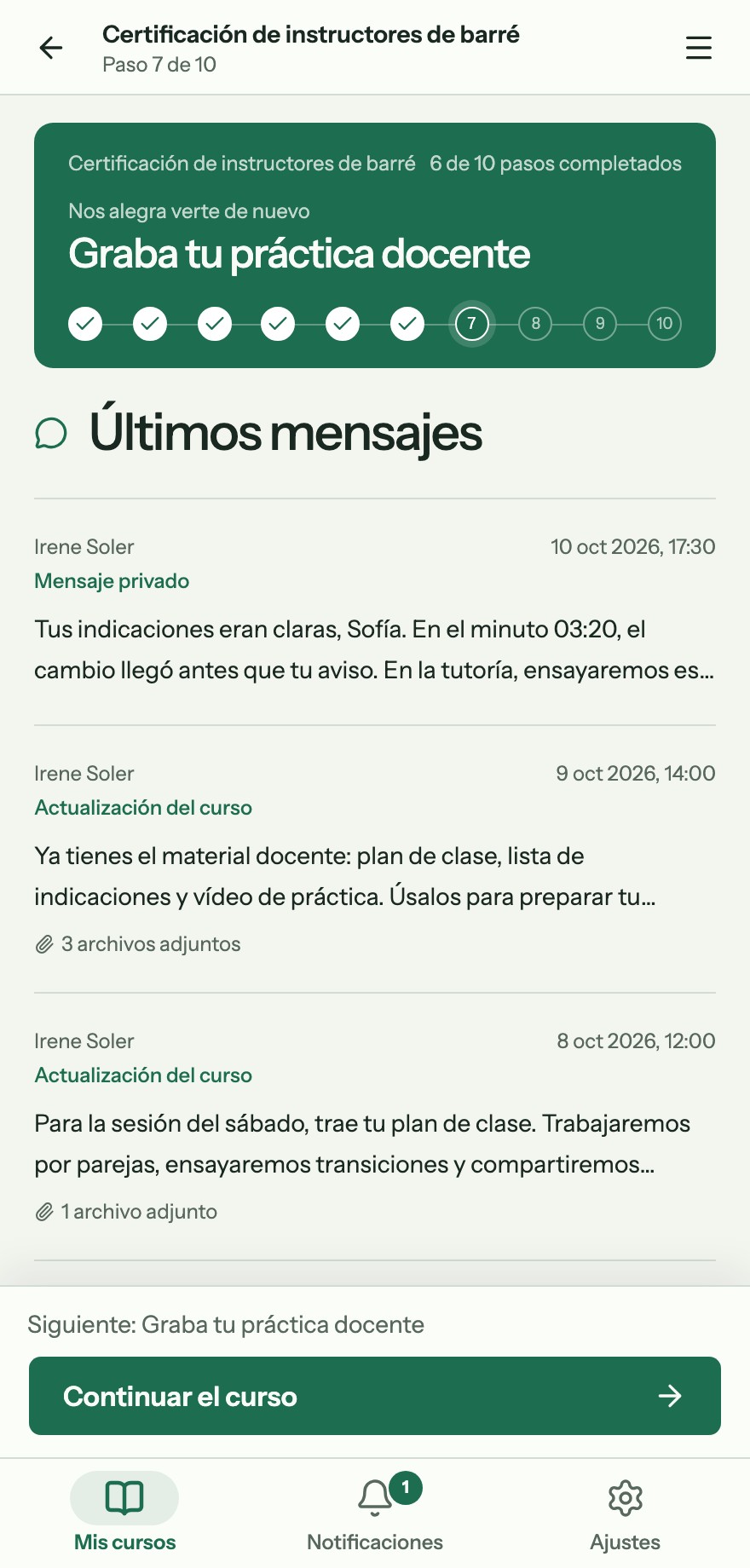 El resumen del curso de Sofía, con su calendario, avisos y próximos pasos.