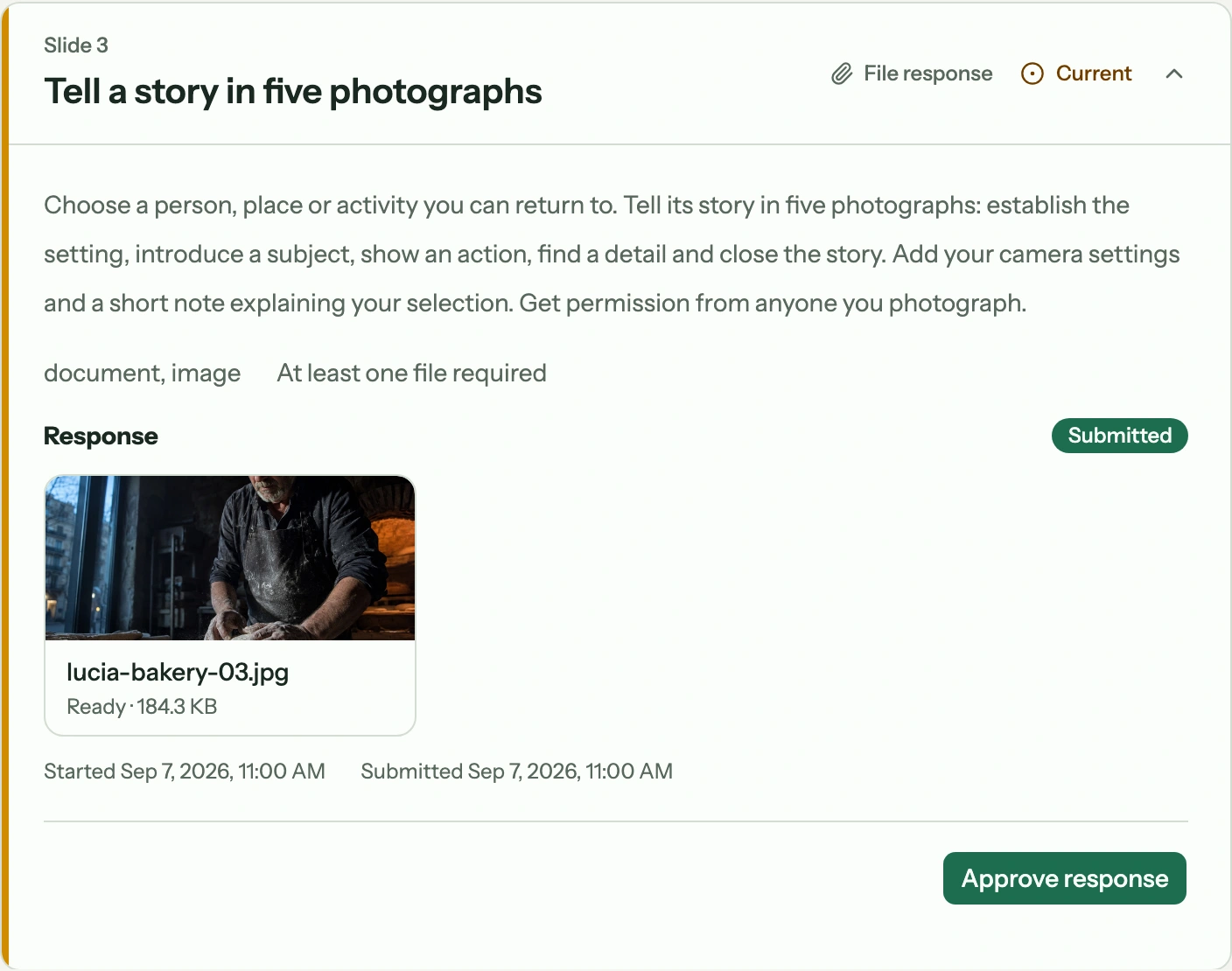Student course record with the photo story brief, submitted photograph and Approve response button