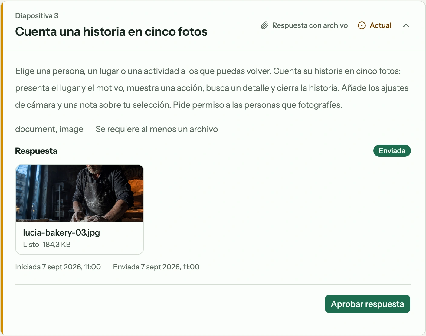 Registro de la tarea fotográfica con instrucciones, archivo entregado y Aprobar respuesta